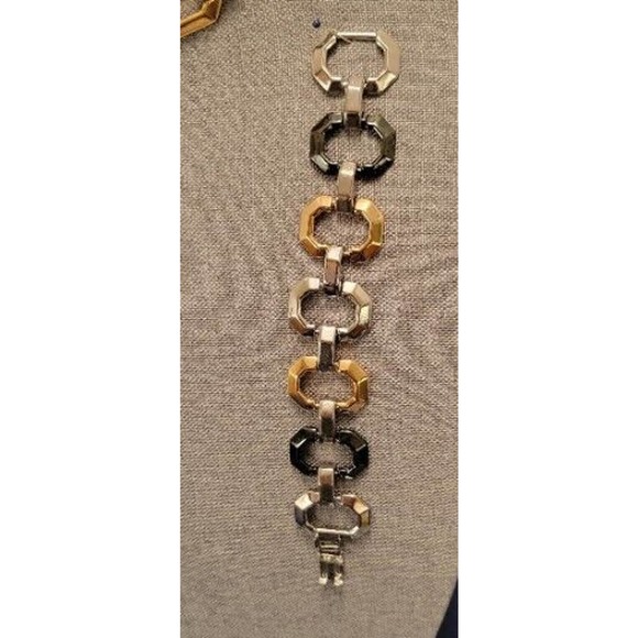 Retro Necklace Set Chunky Brutalist Chain Choker Bracelet Earring Tri Tone - Picture 9 of 12